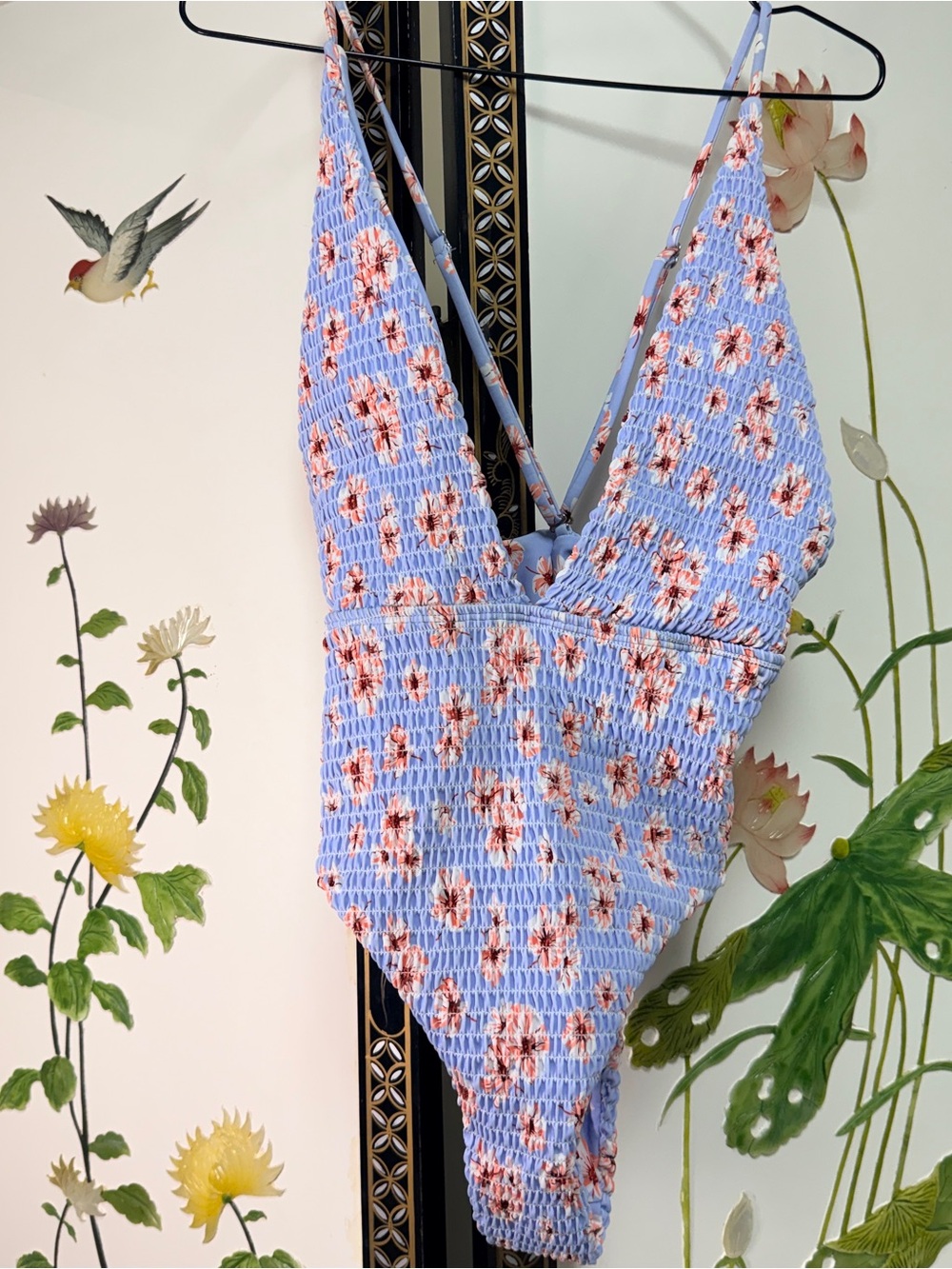Ladies Small Periwinkle Blue one piece swimsuit with florals of pink and white